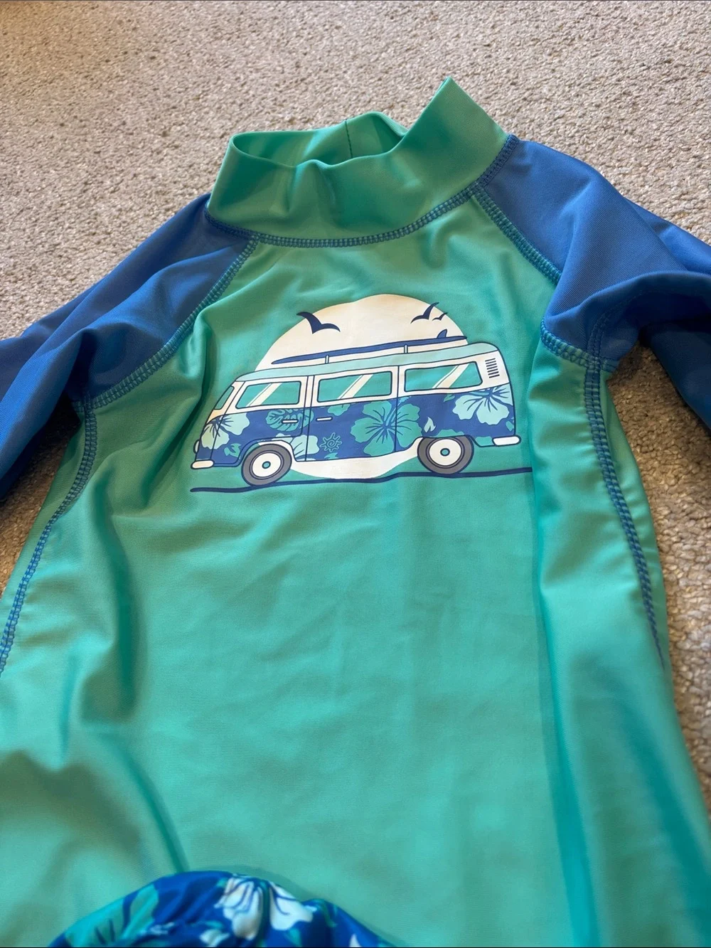 Kids Green & Blue Tropical Rashguard Swim Set with Surf Van Motif